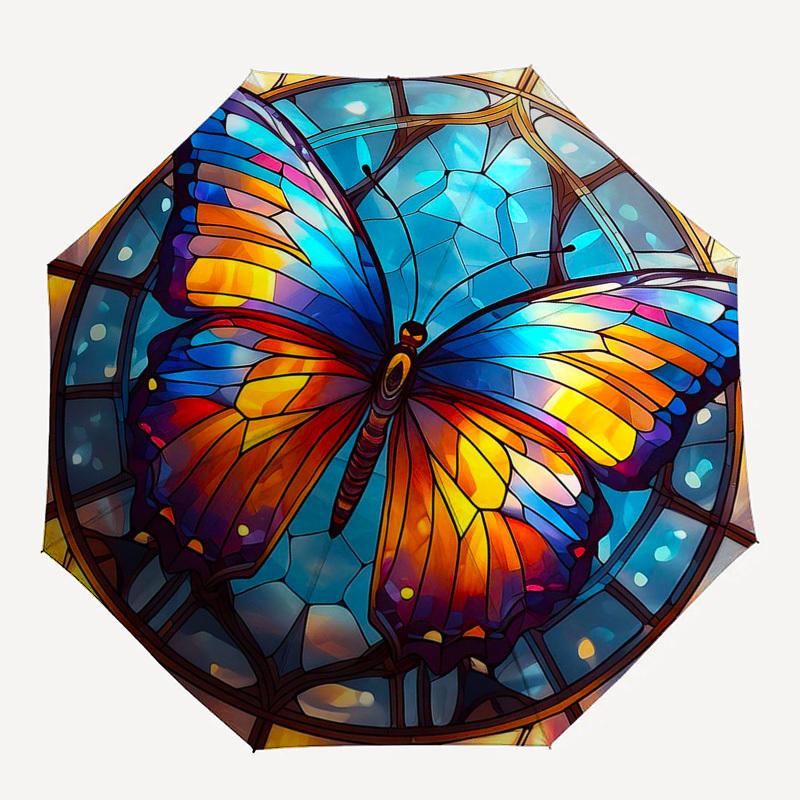 1pc Stained Glass Butterfly Design Automatic Opening Folding Umbrella with 8-Bone Iron Frame - Portable Outdoor for Fans, Travelers, Everyday Use, Fes