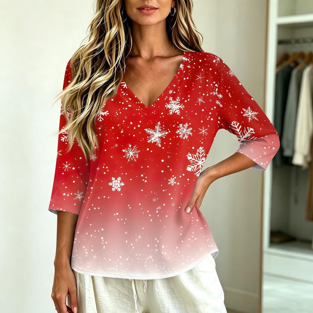 Women's Stylish Casual Christmas Printed V-Neck Three-Quarter Sleeve T-Shirt Top