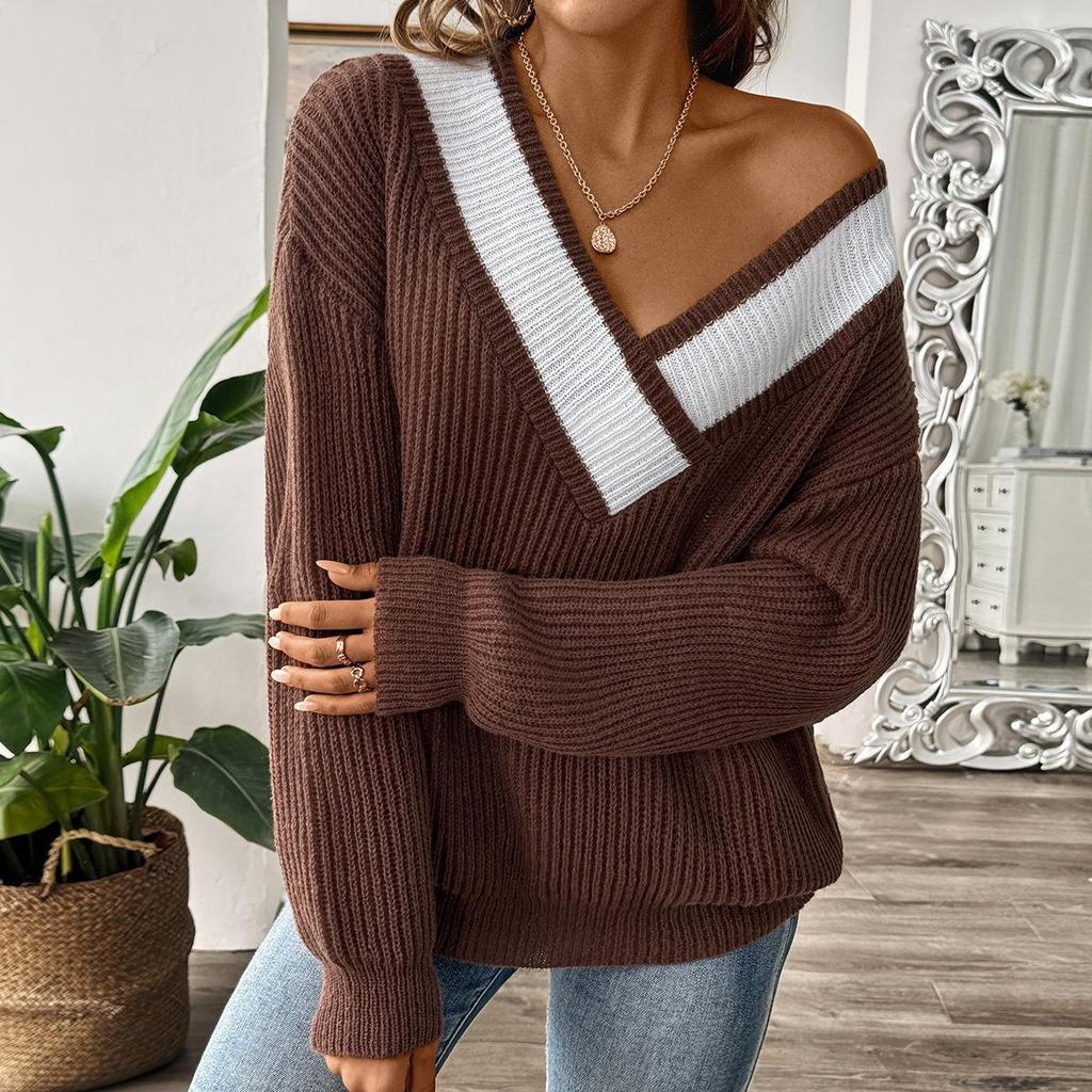 European & American Women's Color Block V-neck Loose Knit Sweater 