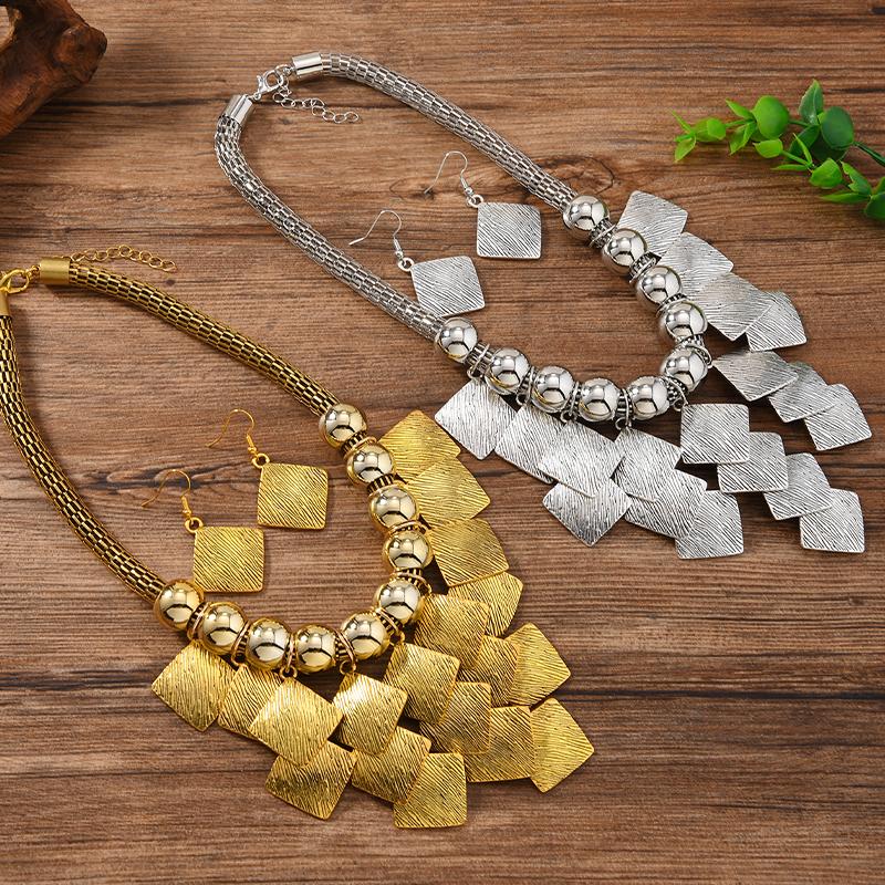 2 PCS European American Fashion Geometric Square Metal Necklace Earring Set Vintage Statement Choker Accessories