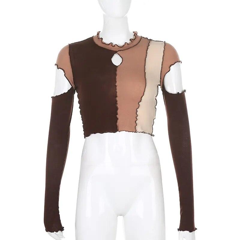 VAYLA Frill T Shirt Cut Out Crop Top For Women Y2K Pullovers Contrast Long Sleeve Short T Shirt Harajuku Clubwear Autumn Top