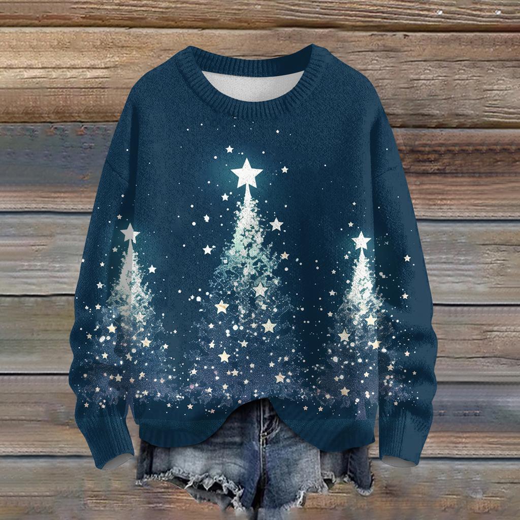 Ladies' Fashionable Casual Long Sleeved Christmas Printed Round Neck Knitted Yarn