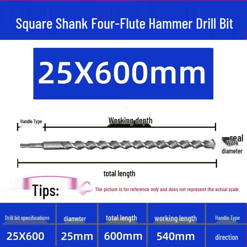 Extended Electric Hammer Drill Bit, Square & Round Shank, for Concrete Piercing - Available in 500mm to 2m Lengths
