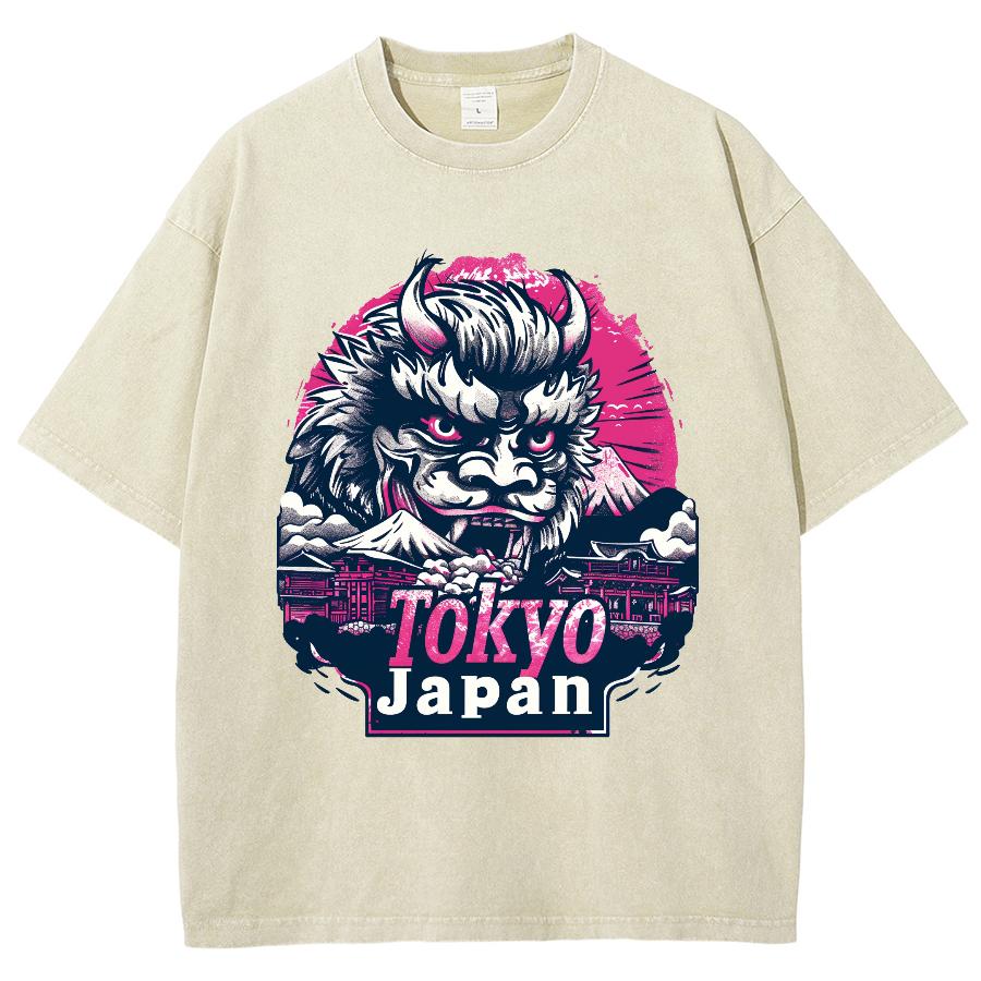 Japanese Lion Print Women Washed T-Shirt Oversized Loose Cotton Comfortable Short Sleeve Retro Chinese Distressed Top