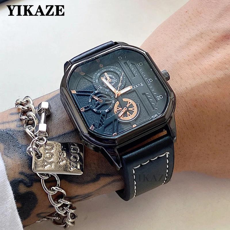 Men's Quartz Watches Alloy Dial Business Men Watch PU Leather Strap Square Sports Watch Cool Black Wristwatch for Man