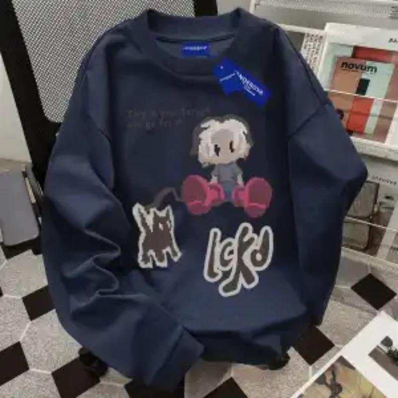 

Pure Cotton American Round Neck Loose Long-sleeved T-shirt for Women Autumn New Casual Versatile Design Top M темно-синього кольору