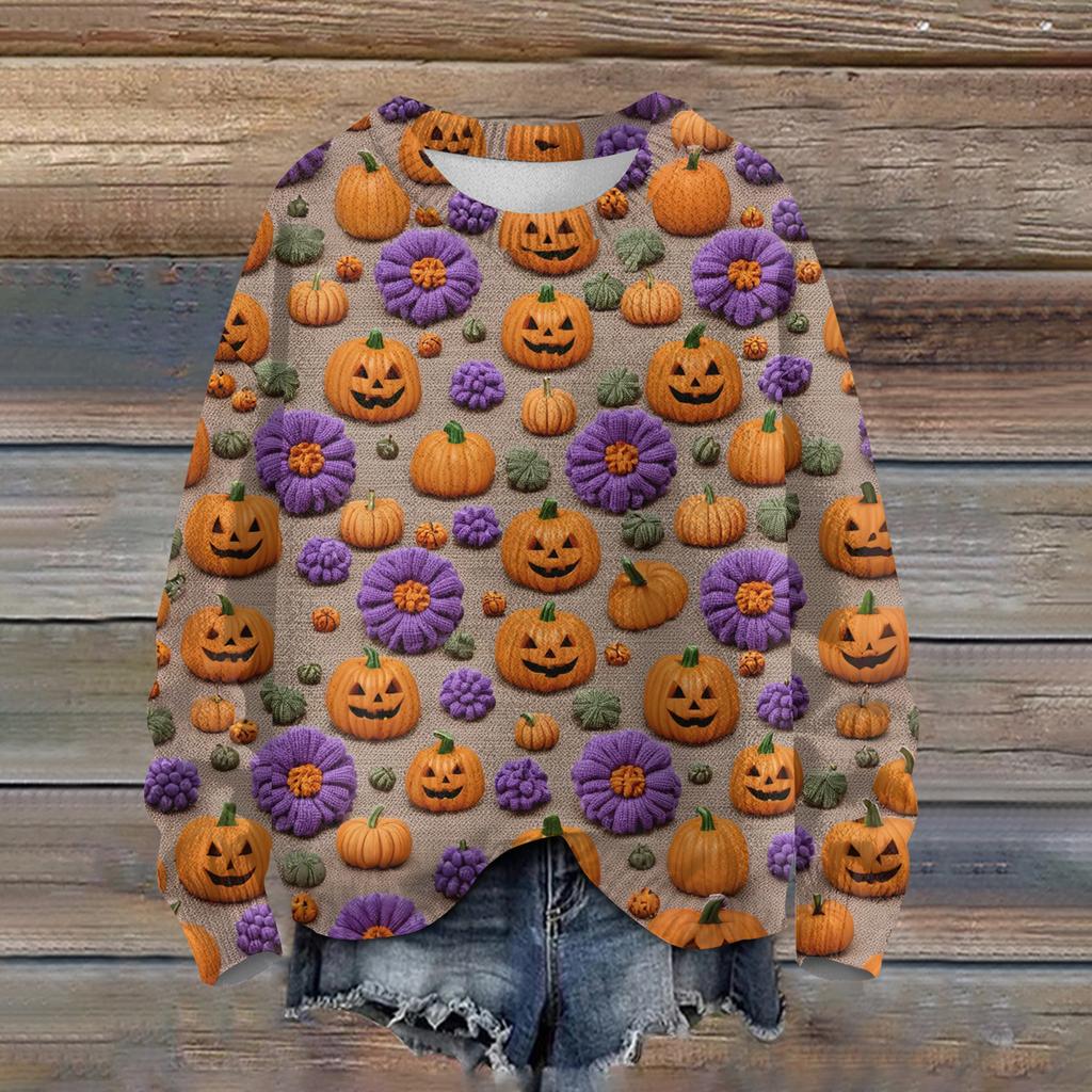 Ladies' Fashionable Casual Long Sleeved Halloween Printed Round Neck Knitted Yarn