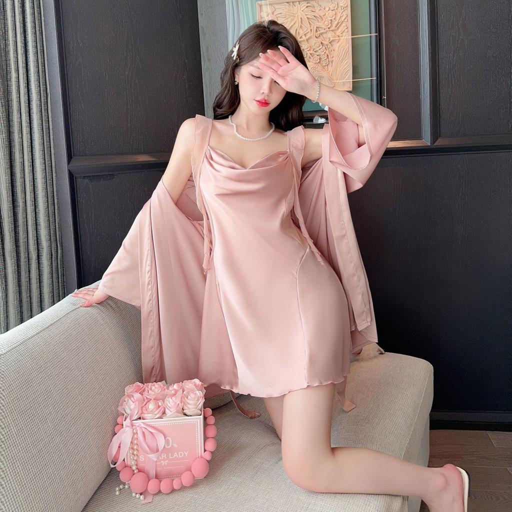 Sexy pajamas women Ice Ribbon chest pad Ruth with the same new mesh suspender nightgown nightgown outside