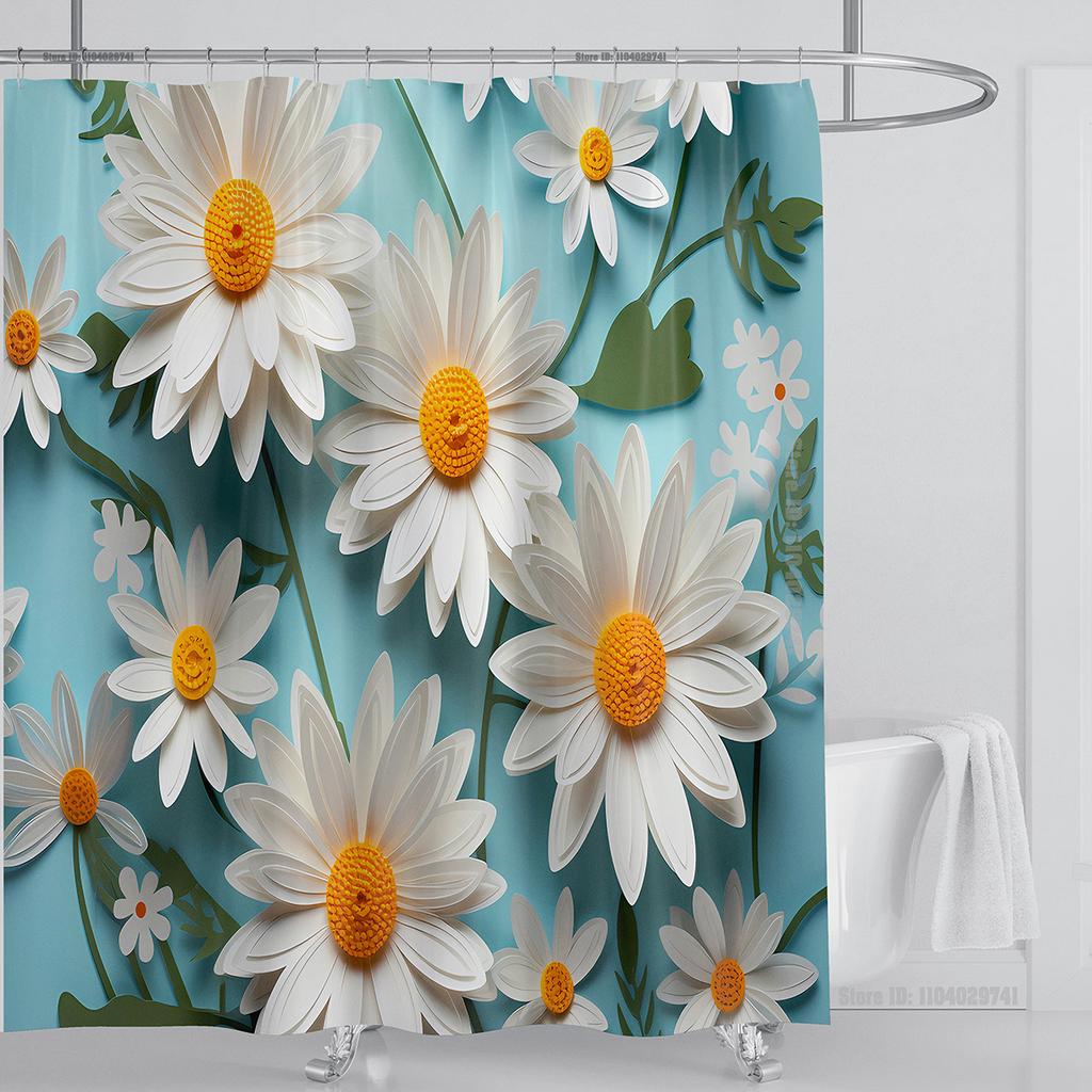 3D Floral Shower Curtain Set Orange Flower Design Fabric Bathroom Decor Waterproof Washable Shower Curtain Set with Hooks