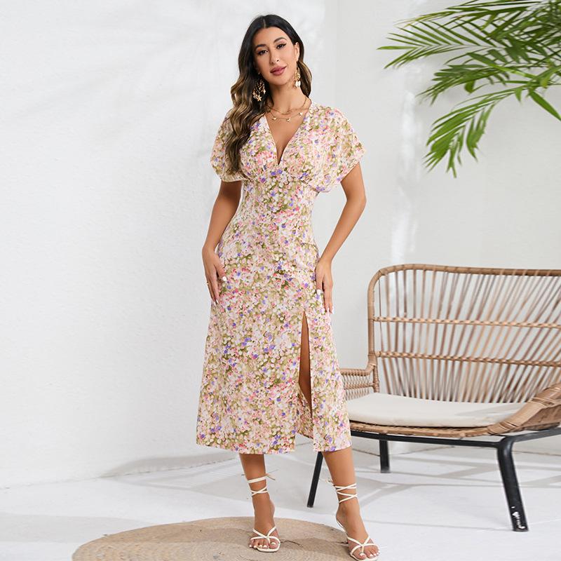Cross-border Amazon European and American women s clothing Bohemian V-neck floral dress wide sleeve high split waist medium and long dress S