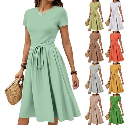 Women's Casual Fashion Belted Floral Print Short Sleeve Round Neck Elegant Dress