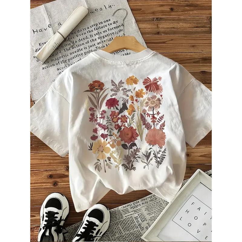 Summer Flower 100% Cotton Y2k T-Shirt Female Funny T-shirt