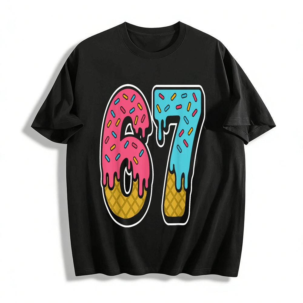 Cute Cone Drizzle Number 67 Print Casual Short Sleeve Pure cotton T-shirt XXS