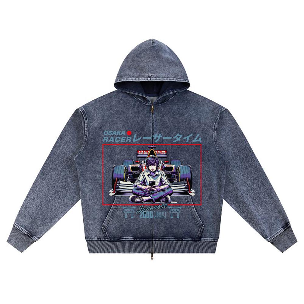 

DTG print Knitted Denim Zip-Up Hoodie Osaka Racer Brother Print Zipper Hoodies XL темно-синього кольору