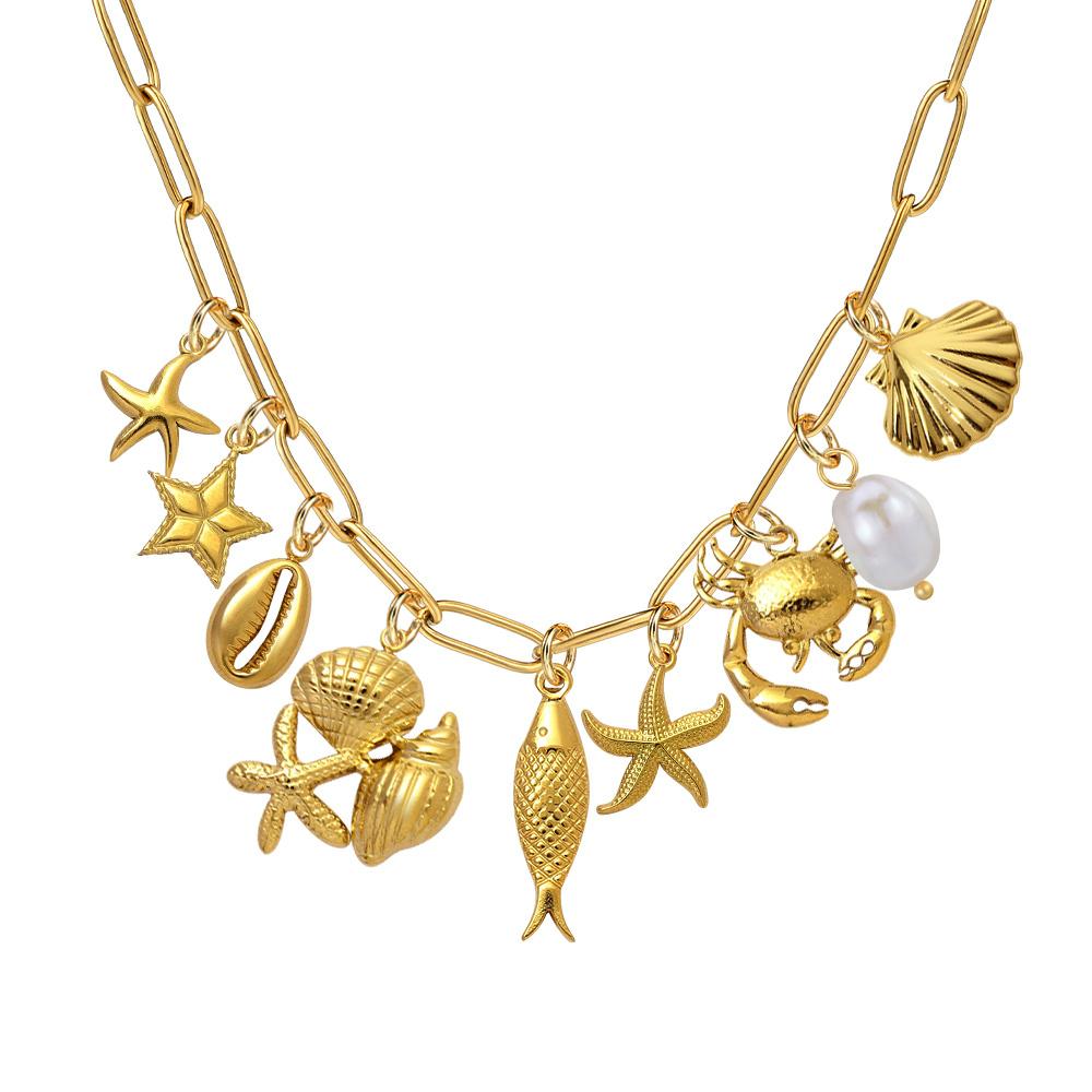 Trendy Gold Color Stainless Steel Charm Starfish Shell Pendant DIY Making Necklace Bracelet Accessories Ocean Vacation Style