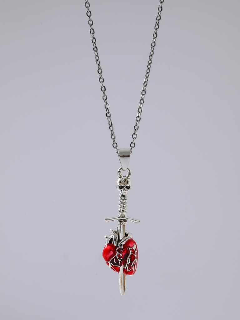 Hip-hop Punk Red Skull Cross Thorny Heart-shaped Pendant Sliver Color Chain Necklace for Women Halloween Party Goth Jewelry Gift