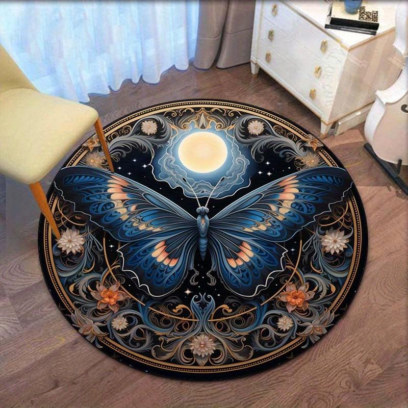 1pc Vintage flower moon butterfly round rug, non-slip, suitable for living room and bedroom, perfect for chairs, crystal velvet