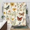 1 Blumiger Schmetterlings-Duschvorhang - Aquarell-Badezimmerdeko mit Gänseblümchen, Lilien, Haken im Lieferumfang enthalten, Maschinenwaschbares Polyester
