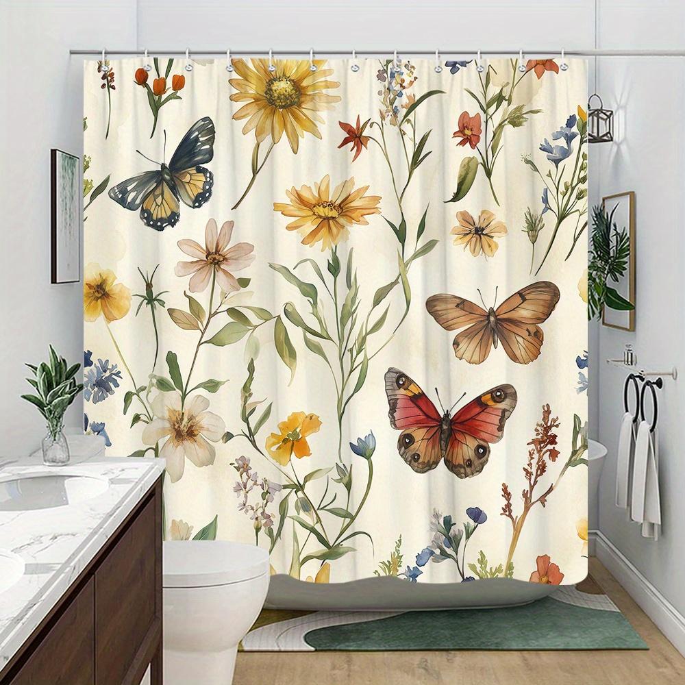 1 Blumiger Schmetterlings-Duschvorhang - Aquarell-Badezimmerdeko mit Gänseblümchen, Lilien, Haken im Lieferumfang enthalten, Maschinenwaschbares Polyester