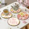 Non Slip Wood Coasters 4PCS Easter Flower Set, Thick Cork Base Non-Slip Heat Resistant Drink Durable Wooden Coasters, Floral Print Decorative for Home