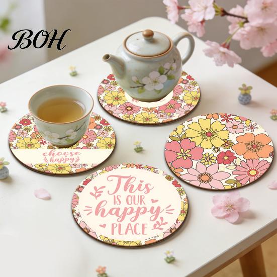 Non Slip Wood Coasters 4PCS Easter Flower Set, Thick Cork Base Non-Slip Heat Resistant Drink Durable Wooden Coasters, Floral Print Decorative for Home