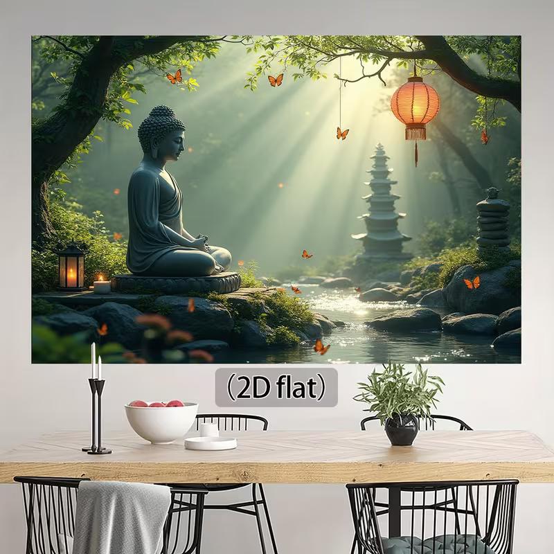 2D Serene Buddha Forest Wall Hanging, Peaceful Zen Garden Waterfall Background Cloth