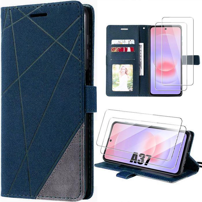 Case for Samsung Galaxy A37 5G, Navy Blue Anti-Scratch Leather Effect Protection - 2 Tempered Glasses