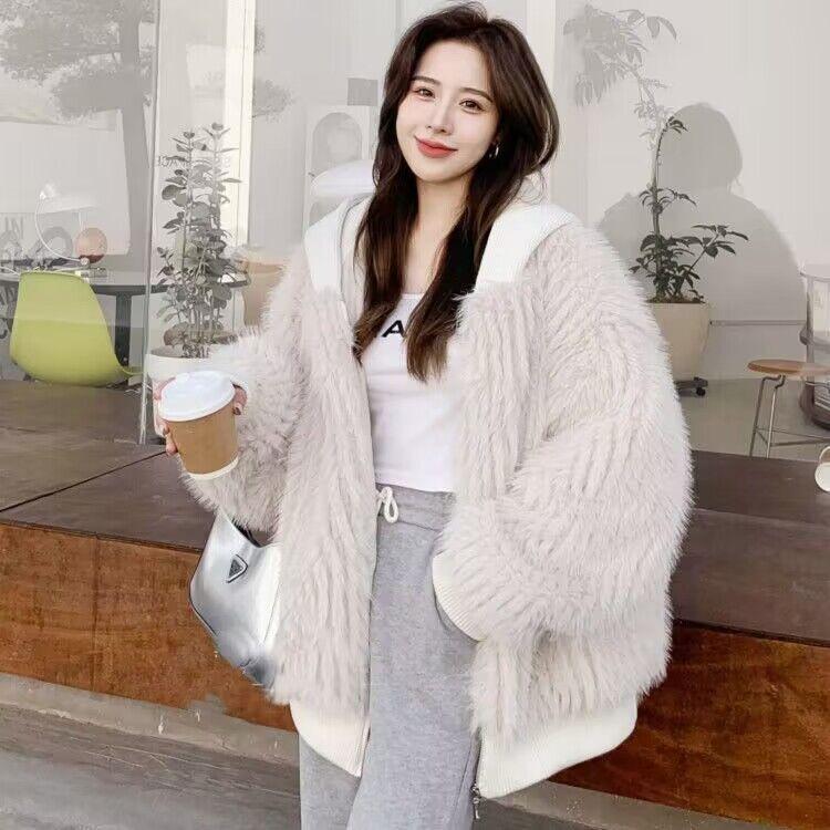 Autumn Winter Hairy Shaggy Soft Thick Warm Faux Fur Coat Women with Hood Fluffy Jacket Fake 2 Piece Clothes