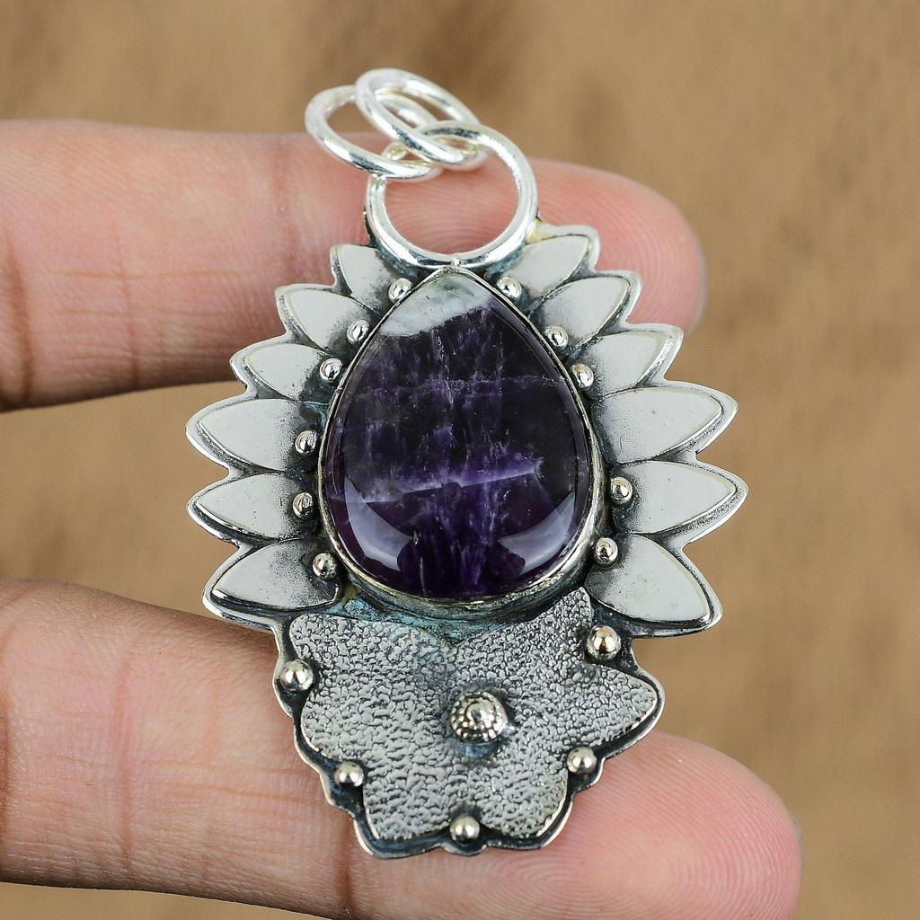Natural Chevron Amethyst Gemstone Pendant 925 Sterling Silver Jewelry For Women