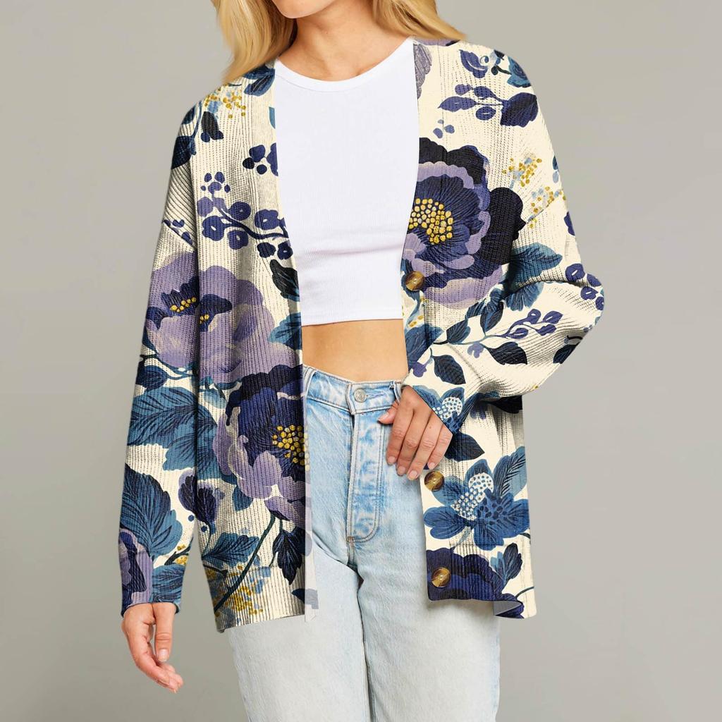 Women's Fashion Long Sleeve Print V-Neck Button Loose Cardigan Top
