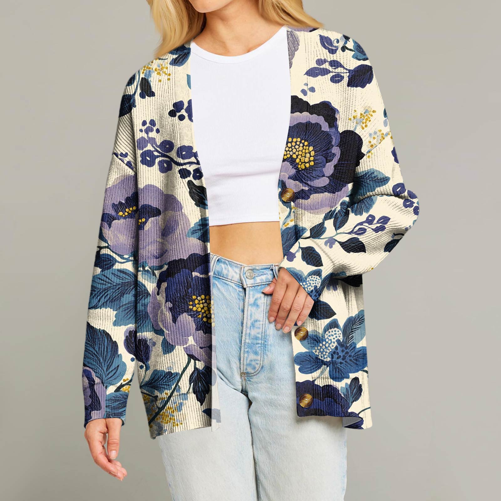 

Женский модный кардиган с длинным рукавом, принтом, V-образным вырезом, на пуговицах, свободного кроя XL