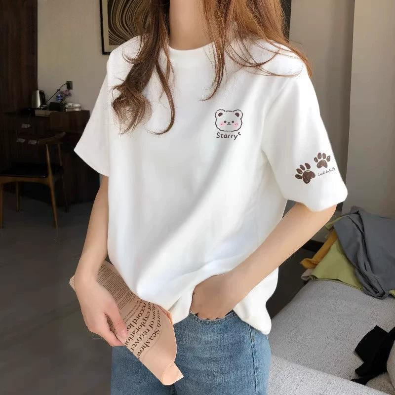 Women's Round Neck Short Sleeve Printed Loose Fit Korean Casual T Shirt Basic Top with Heart Graphic for Spring Daily Wear
