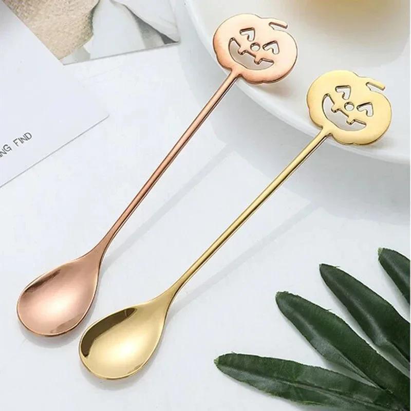 Halloween Pumpkin Head Stainless Steel Teaspoons Coffee Spoon Dessert Tea Sugar Scoop for For Home Kitchen Halloween Party Gifts