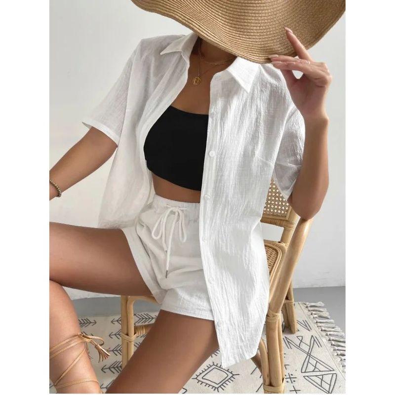 

Collar Shirt Loose Lace up Shortset Lapel Shirt Loose Lace-up Shorts Suit WHITE XL