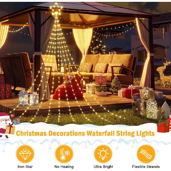 Christmas Decorations Star String Lights - 344 LED 11.8ft 9 Strands Waterfall Tree Lights with Topper Star, 8 Lighting Modes Christmas Lights Indoor