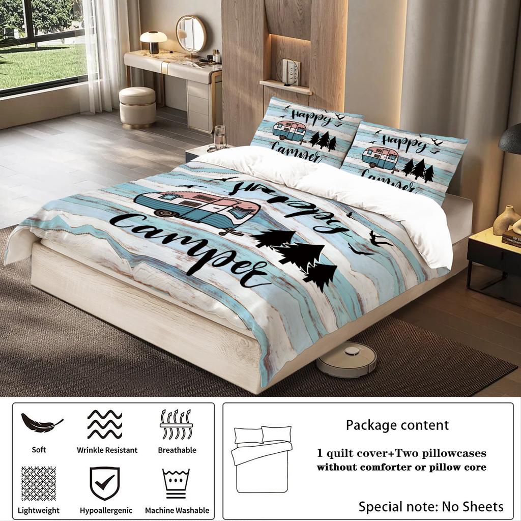 3pcs happy camper pattern printed bedding set, suitable for teenagers and adult's bedroom, camping, 1*duvet cover+2*pillowcase