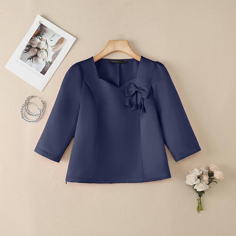 ZANZEA Women Casual Round Neck 3/4 Sleeve Loose Satin Blouse