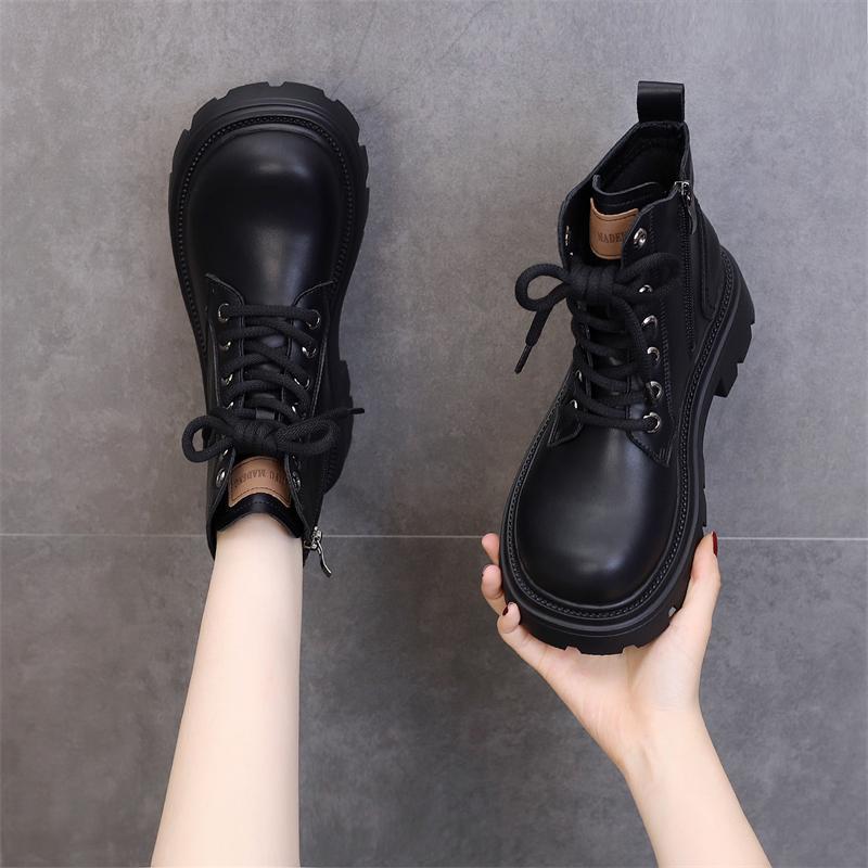 Women's British Style 2025 Leather Thick-Soled Martin Boots - Height-Increasing, Slimming Short Boots for Spring and Autumn.