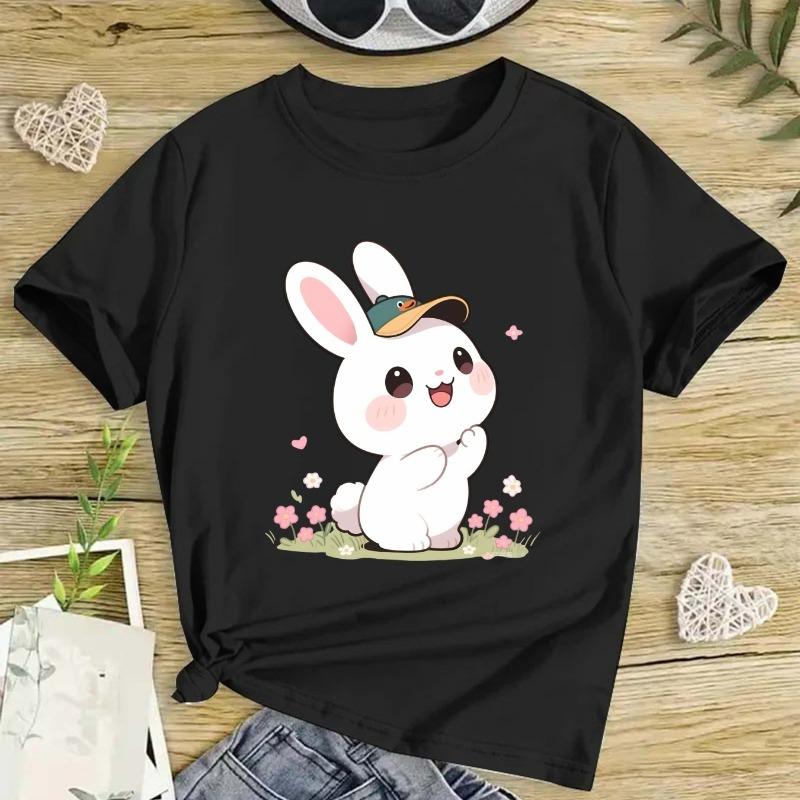 Kids Cute Cartoon Bunny Graphic Crewneck Short Sleeve T-Shirt
