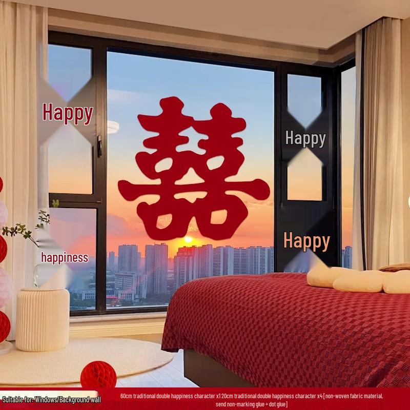 Double Happiness Stickers for Wedding Room Decoration - Perfect for Bride and Groom's Living Room or Bedroom.