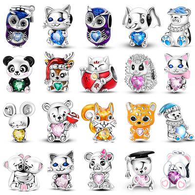 Charms Copper Pink Cat Owl Animal Holding Heart Zircon Charm Beads Fit Original Bracelets Fine Diy Jewelry