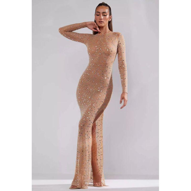 

Fashion Wind Sexy Hot Drilling Slit Silm Dress Diamond Studded Sexy Slit Dress Flesh color XL