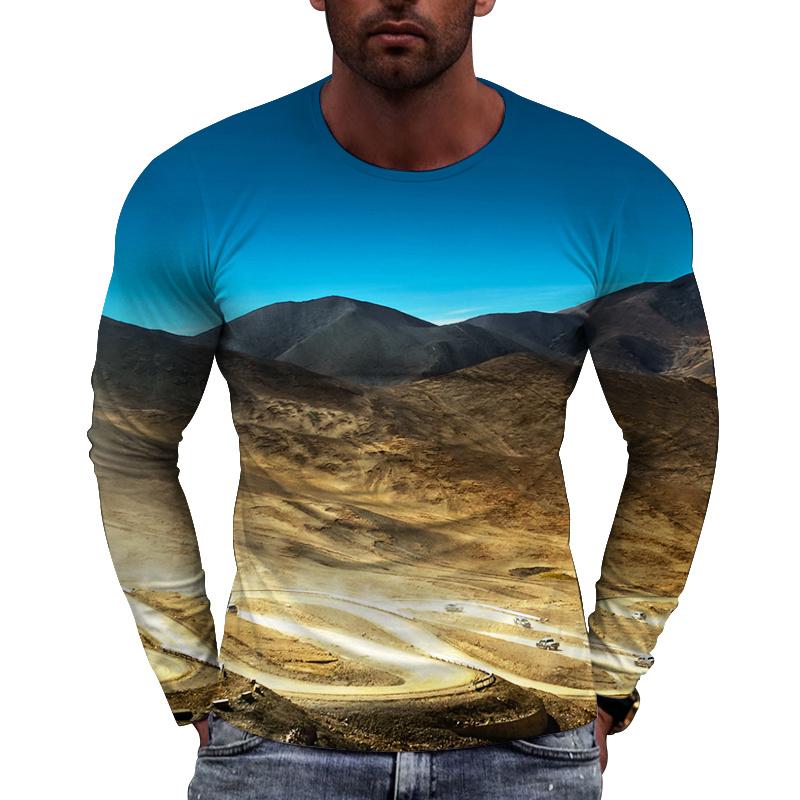 Snowy Mountain Pattern Men's T-shirts Scenery 3D Printed T-shirts Summer Casual Long Sleeves O-Neck Loose Tops
