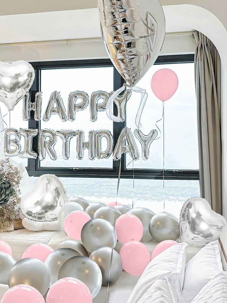 57pcs-pink birthday party set, silver love aluminum film balloons, birthday party decorations