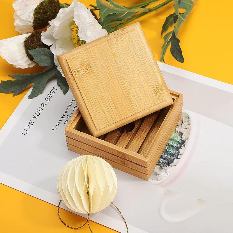 Bamboo Wood Square Soap Dish With Lid Drainage Soap Holder No Suction Cup Bathroom Soap Storage Box For Household Shower Room