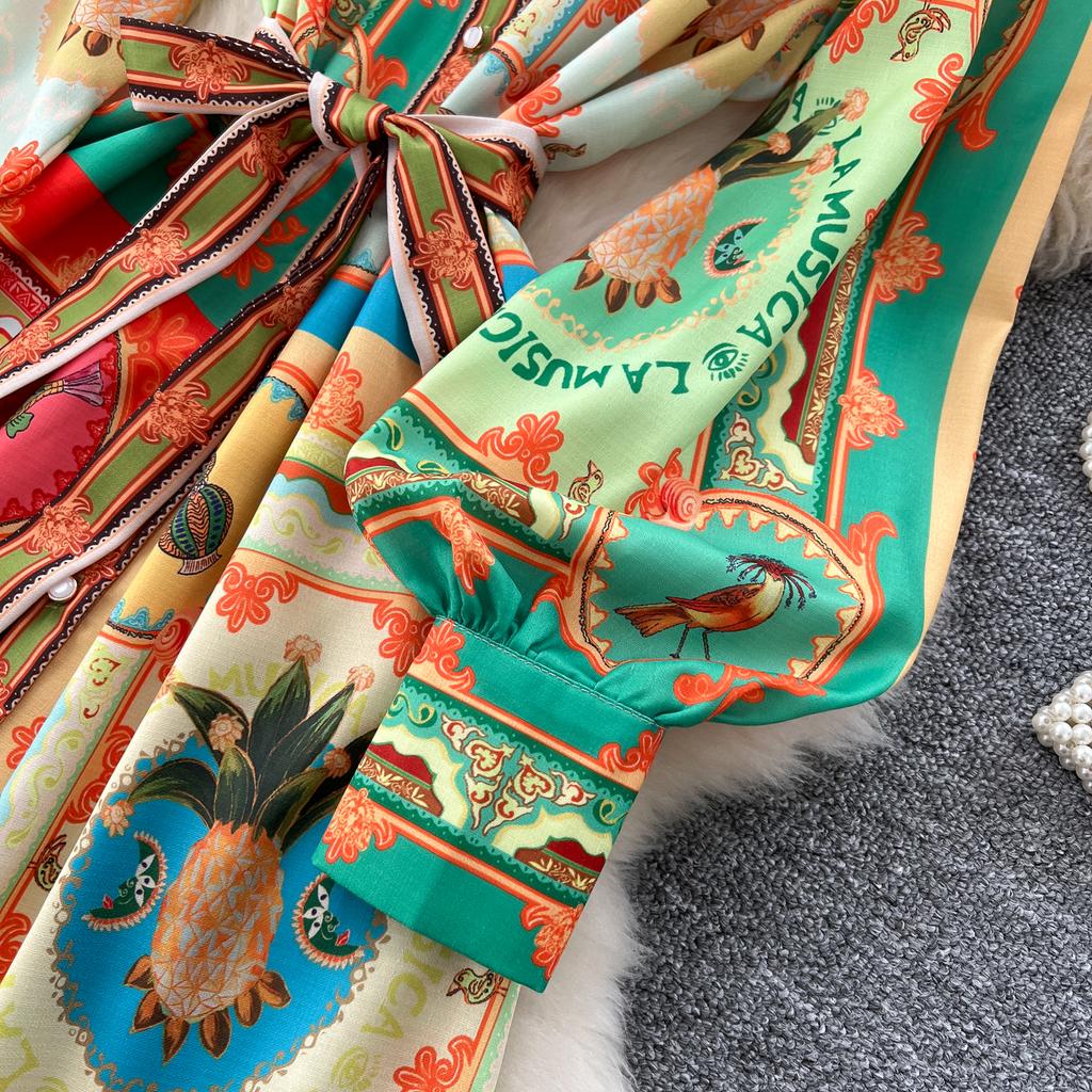 Frühling Sommer Damen Marke Designer Vintage Print Laufstegkleid Umlegekragen Lang Maxi Hemd Partykleider