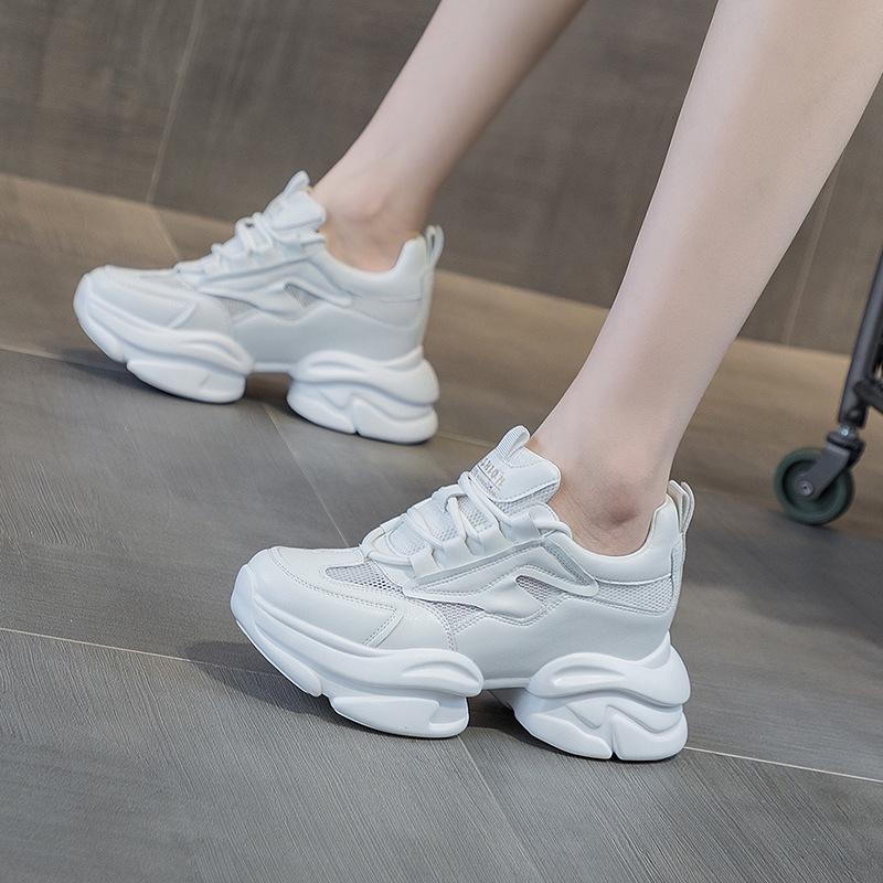 Spring 2024 Women's Trendy Soft Leather Daddy Sneakers with Thick Sole and Height Boost