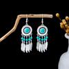 Bohemian Ethnic Tassel Earrings In Miao Silver with Turquoise