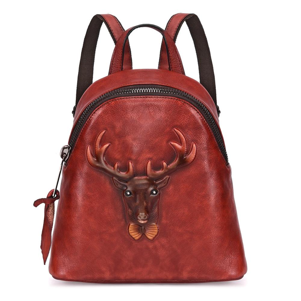 Johnature Genuine Leather Backpack Women Bag Vintage Animal Prints Embossing Leisure Large Capacity Outdoor Travel Bags