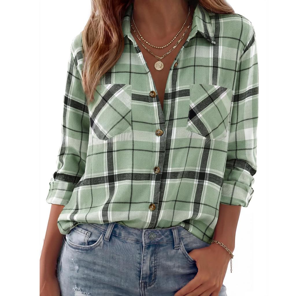 Women's Casual Plaid Long Sleeve Lapel Collar Cardigan Shirt